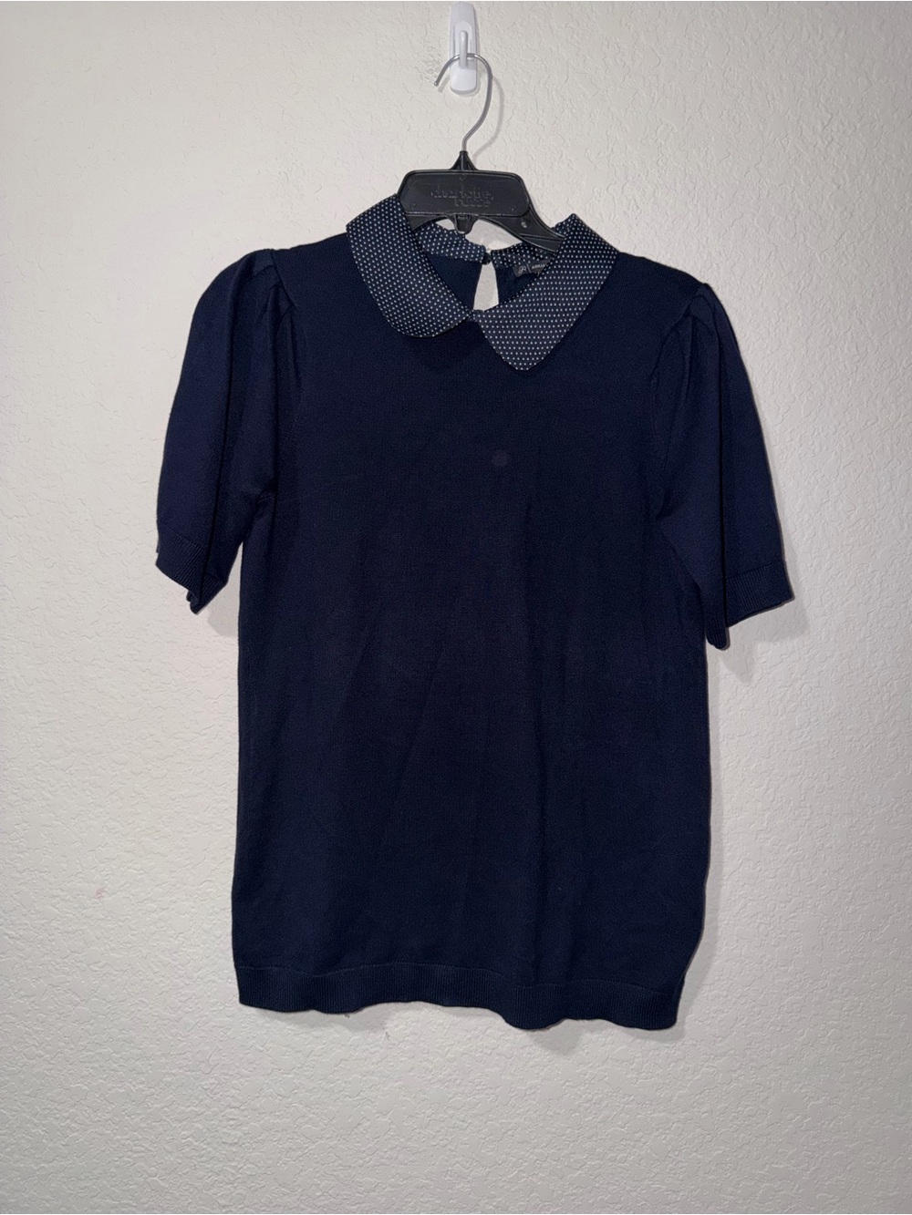 Adrianna Papell Navy Blue Polka Dot Collar Knit Sweater Top